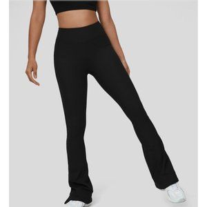 New Halara Ribbed High Waisted Split Flared Yoga Full Length Leggings Sz XS Blac